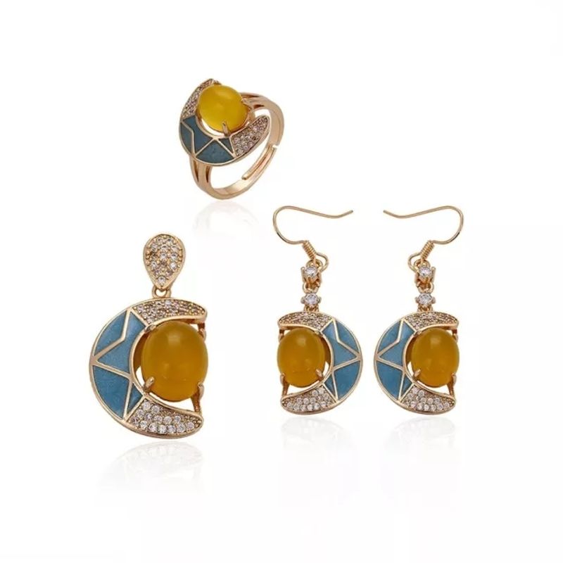 LUXURYJOYAS - Conjunto 3 Piezas Luna-estrella Colgante+aros+anillo Oro 18kt