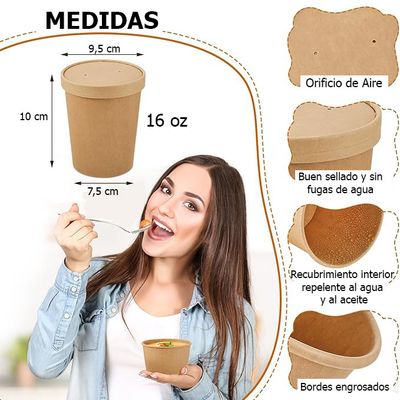 Imagen 2 del producto Pote Kraft Desechable Con Tapa 16oz 473ml 100 Unidades