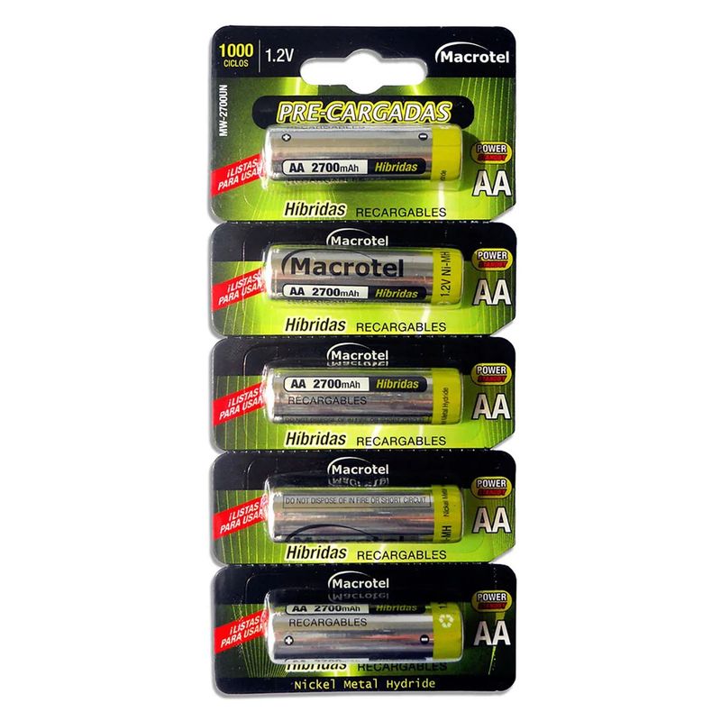 MACROTEL - Pack 5 Pilas Recargables AA Macrotel 2700mha