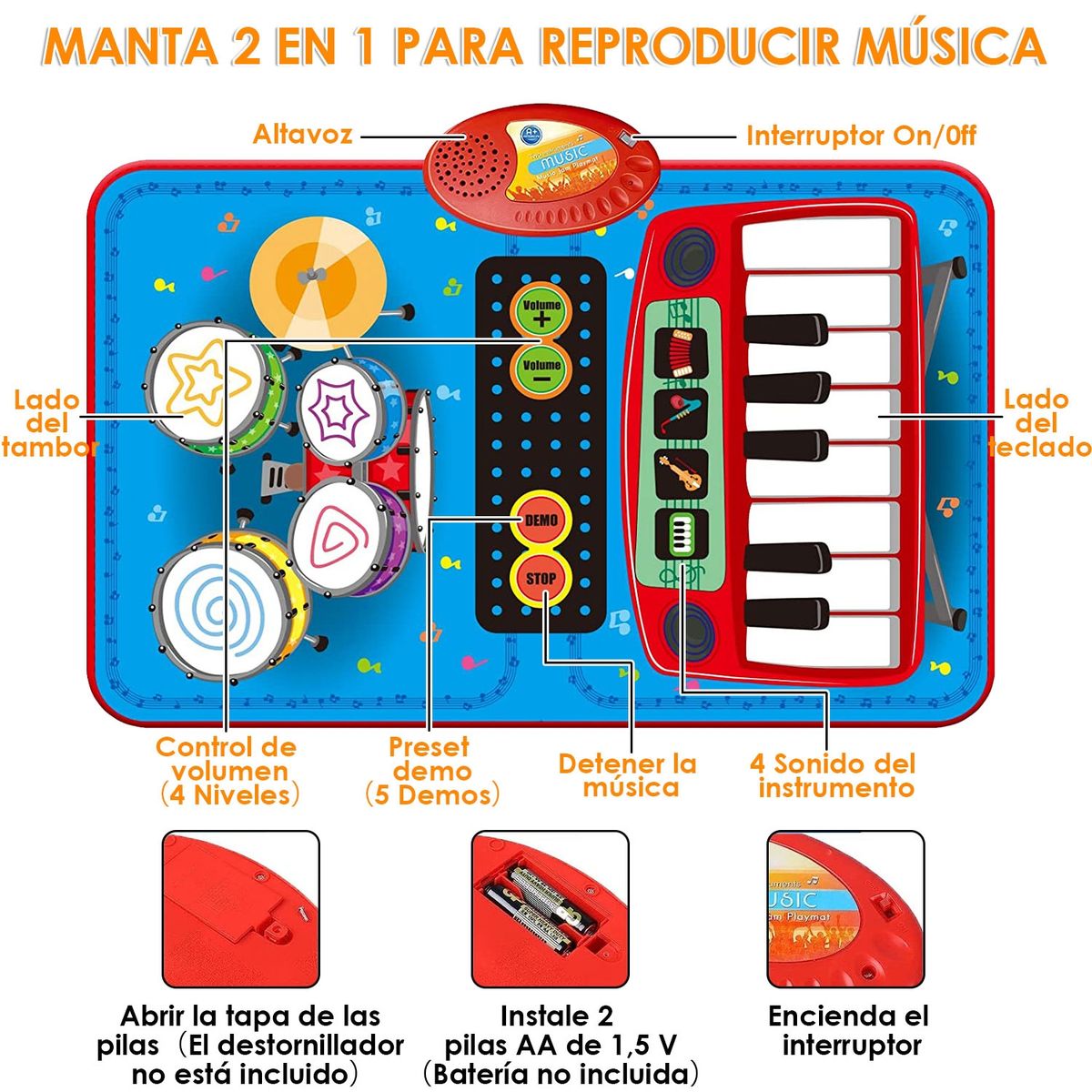 LUKOVEE - Alfombra Musical Piano Y Tambor Juguete Para Ninos 70x45cm
