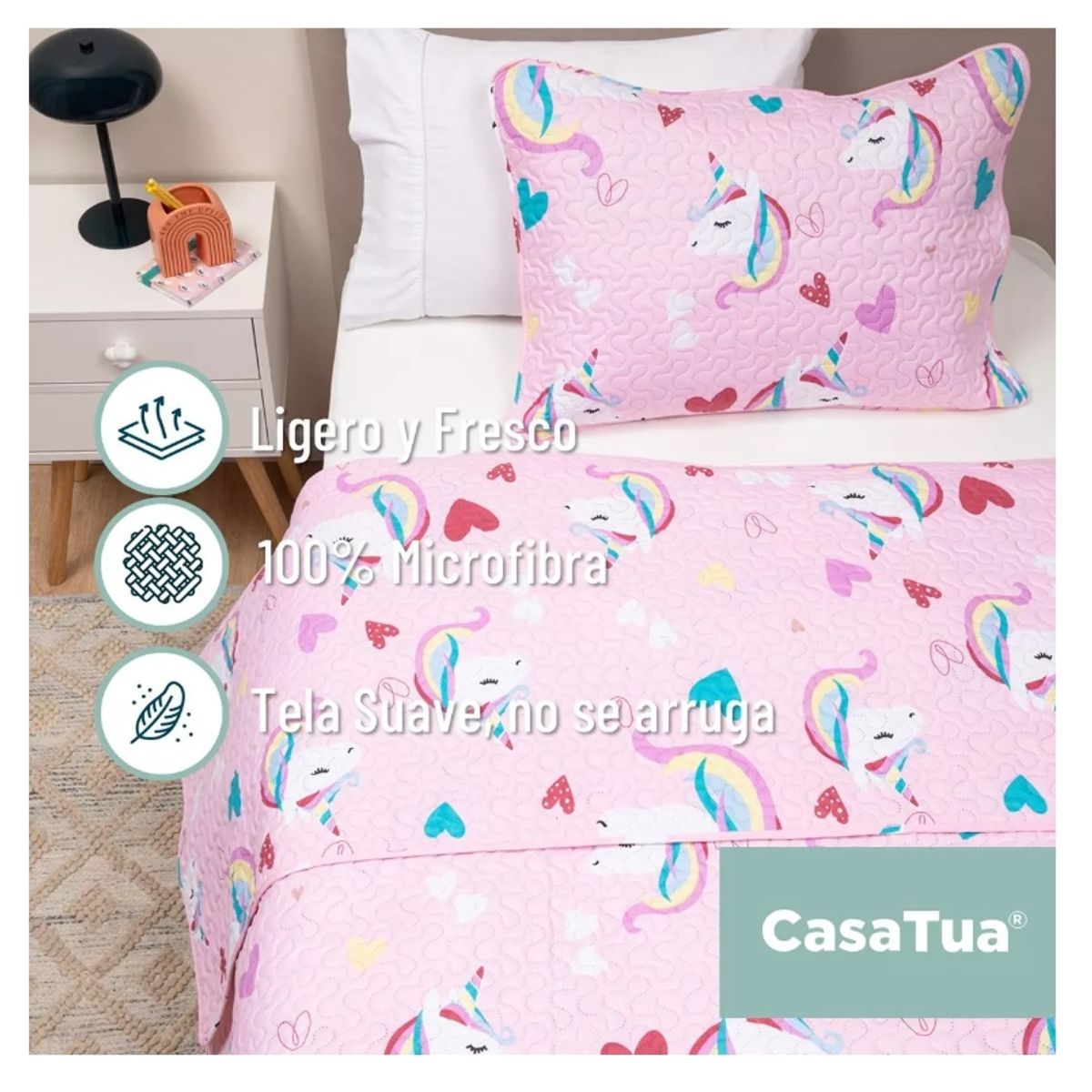 GENERICO - Cubrecama Cobertor Quilt Niña + Funda Almohada 1,5 Plaza