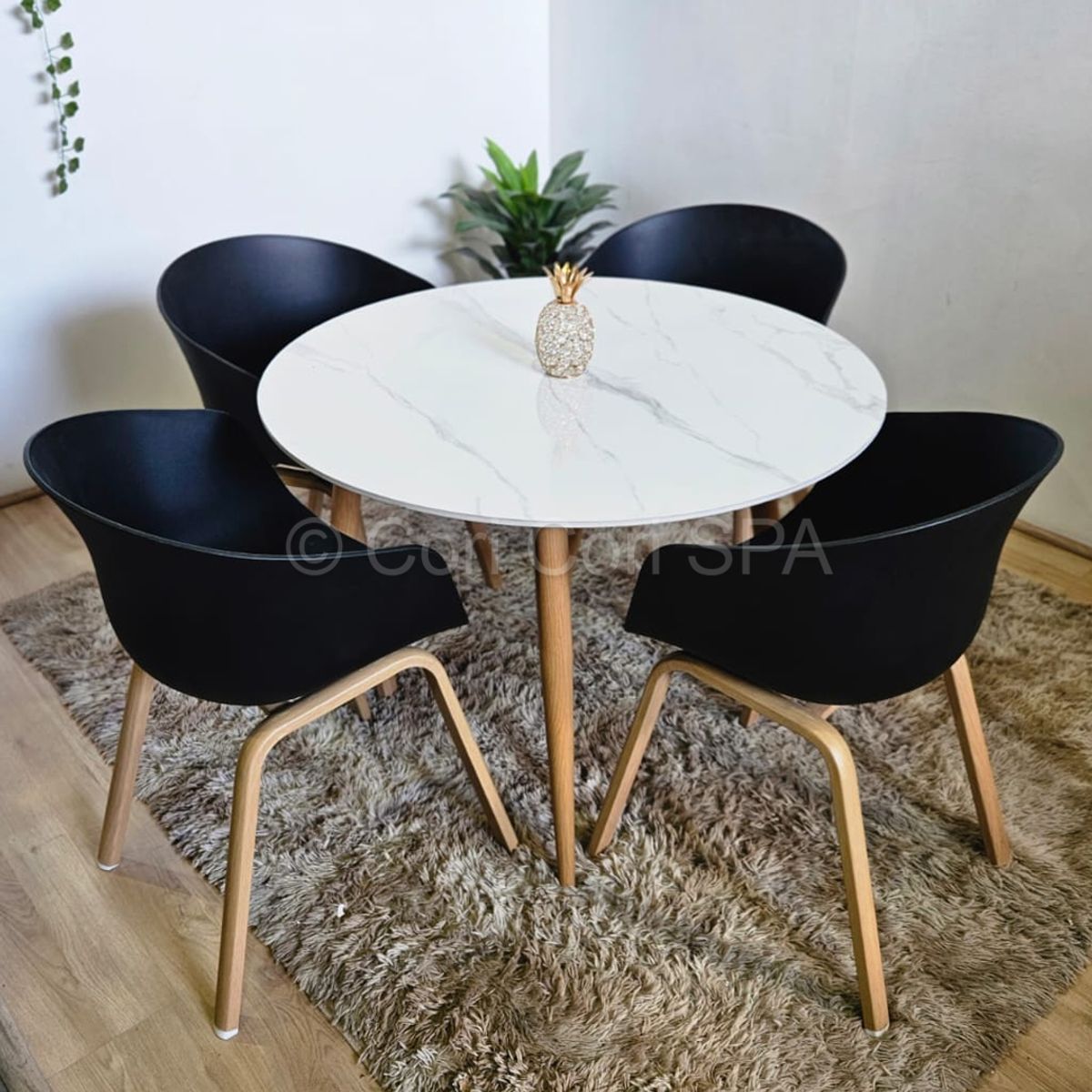 CORI CORI - Comedor Mesa Redonda Mármol 100cms + 4 Sillas Cup Negro