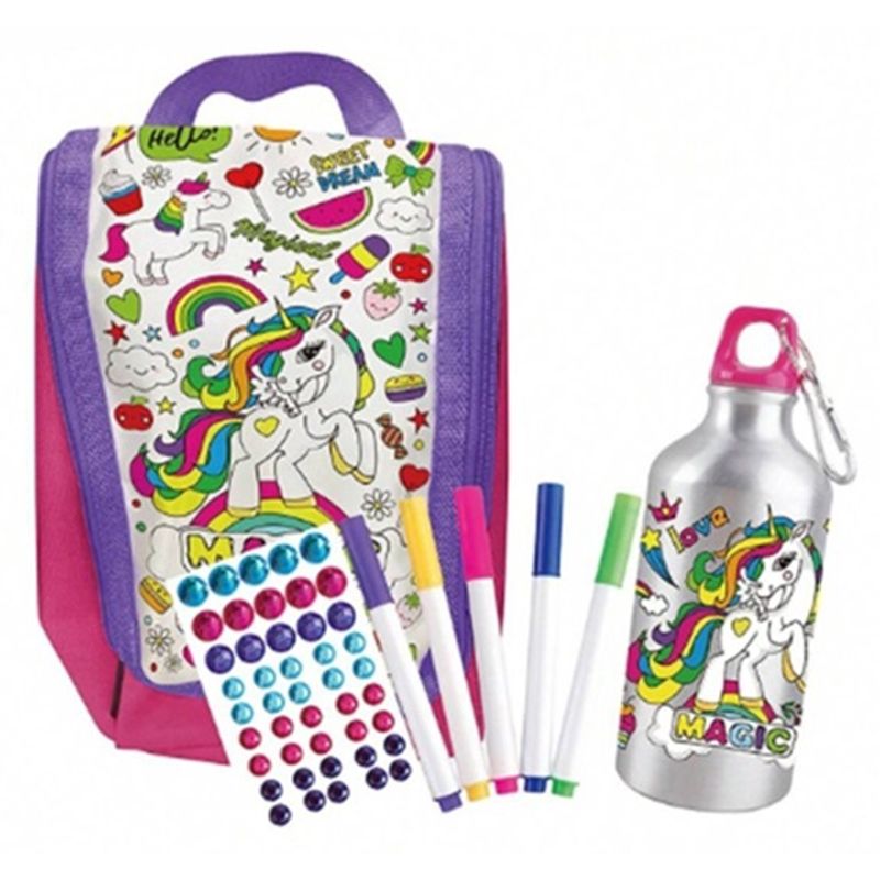 GENERICO - Mochila Lonchera  Y Botella De Agua Unicornio  Manualidad Para Decorar