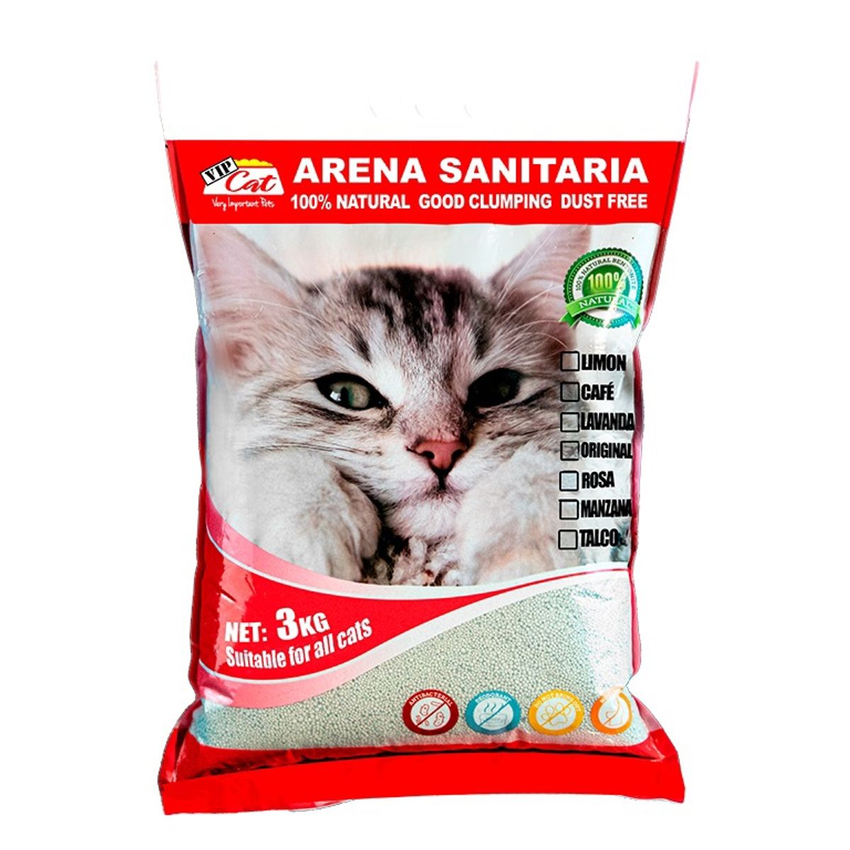 GENERICO - Arena sanitaria VIP CAT - 3 Kg - Aglutinante olor a lavanda.