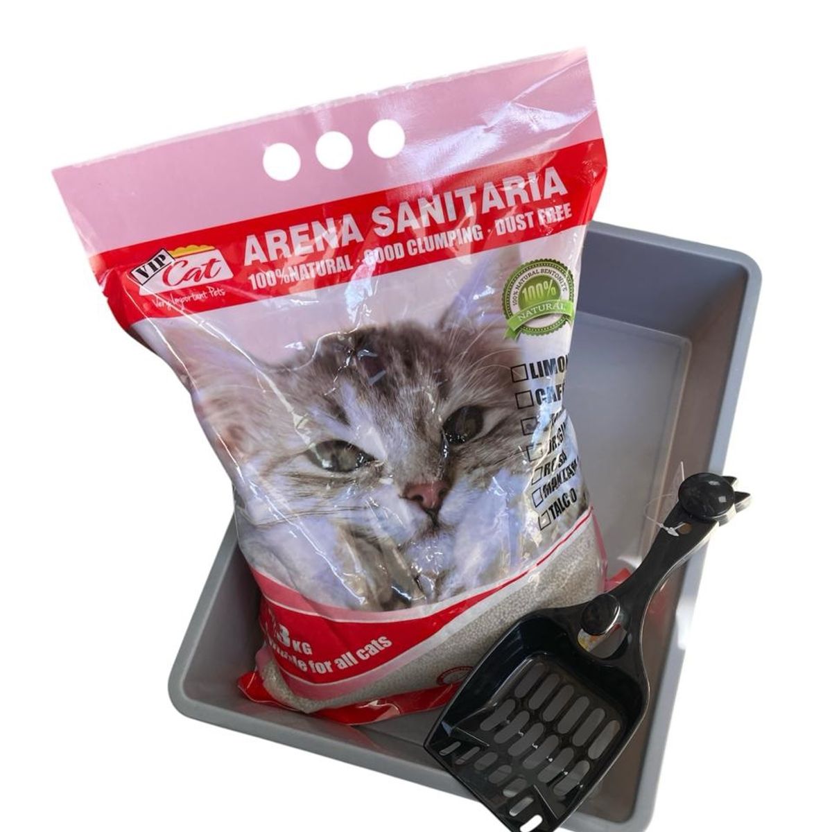 GENERICO - Pack 3 en 1 higiene felina - Arena 3 Kg, pala y arenero.