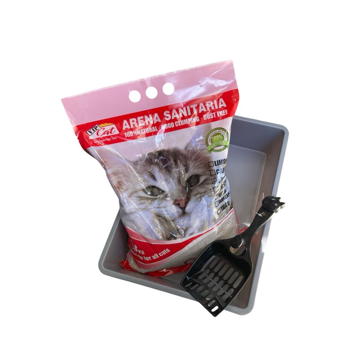 GENERICO - Pack 3 en 1 higiene felina - Arena 10 Kg, pala y arenero.