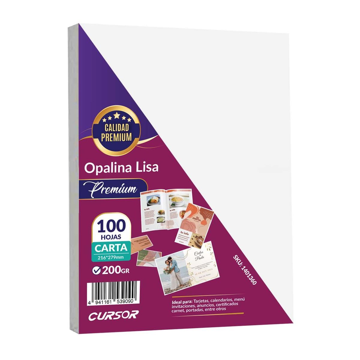 CURSOR - Opalina Lisa Extra Blanca Premium 200g Carta 100H - Blanco