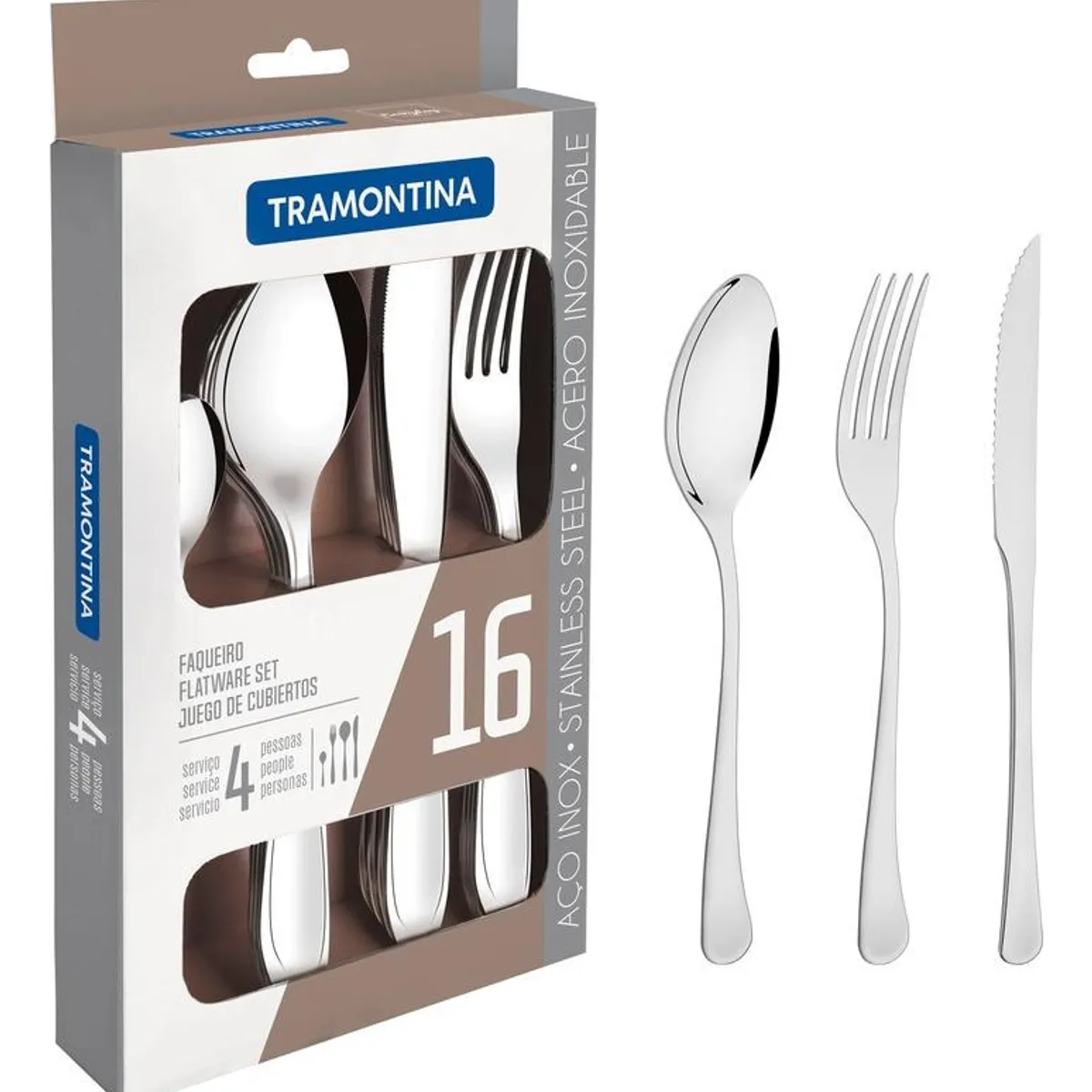 TRAMONTINA - Juego de Cubierto Tramontina 16 Piezas de Ac Inox. Cuchillo para Asado