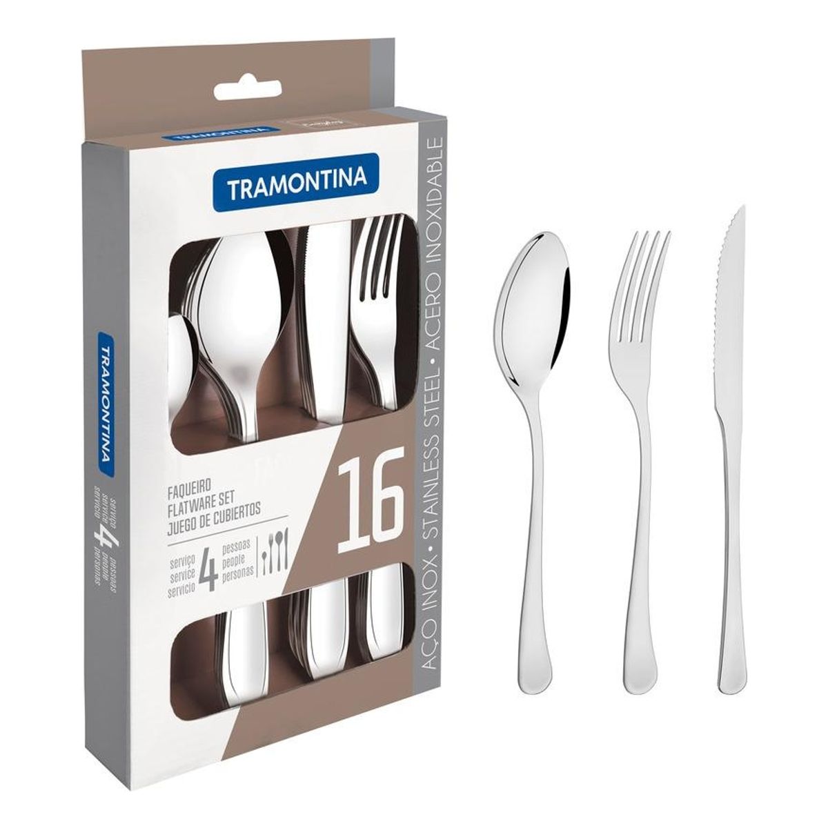 TRAMONTINA - Juego de Cubierto Tramontina 16 Piezas de Ac Inox. Cuchillo para Asado