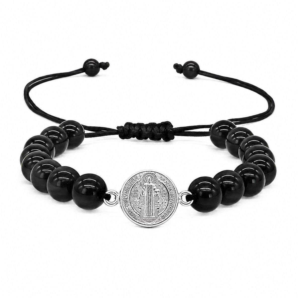 GENERICO - Pulsera para Protección Piedra Ónix con Dije San Benito de Plata