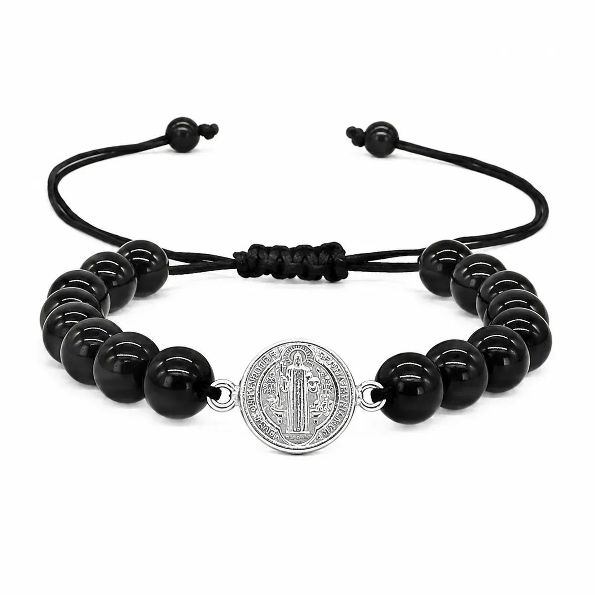 GENERICO - Pulsera para Protección Piedra Ónix con Dije San Benito de Plata