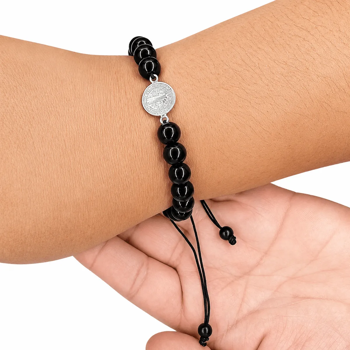 GENERICO - Pulsera para Protección Piedra Ónix con Dije San Benito de Plata