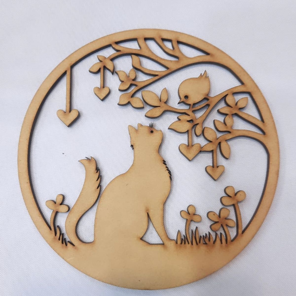 GENERICO - Gato Pajarito MDF color natural 15 cm de diámetro.