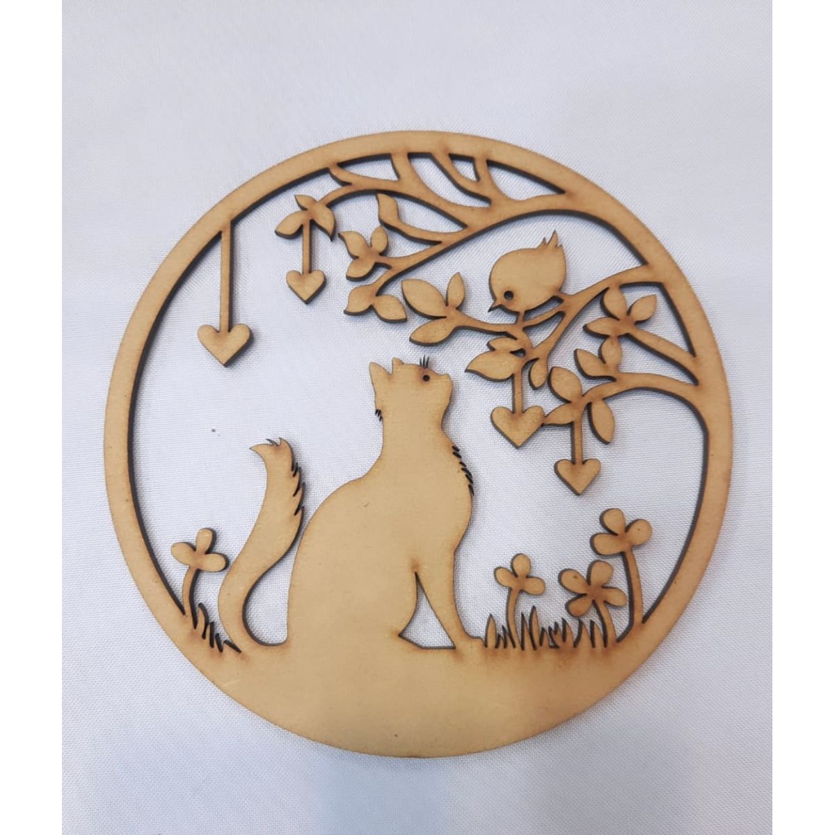 GENERICO - Gato Pajarito MDF color natural 15 cm de diámetro.