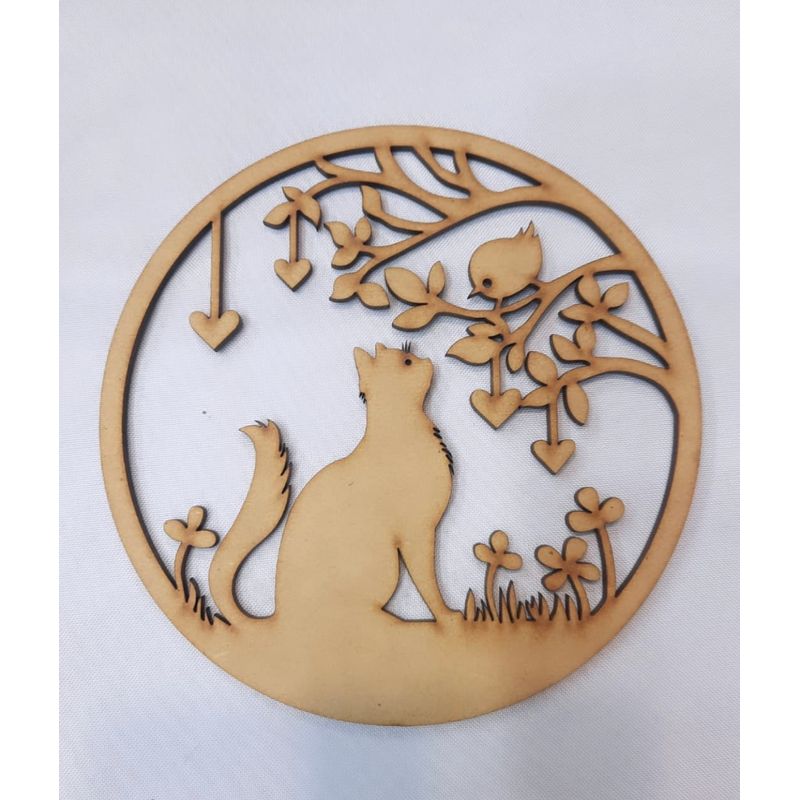 GENERICO - Gato Pajarito MDF color natural 15 cm de diámetro.