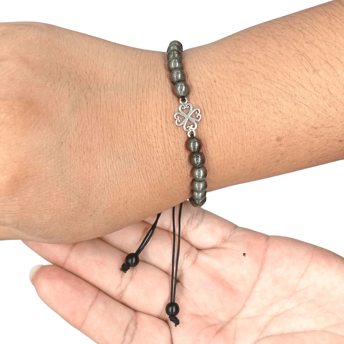 GENERICO - Pulsera Pirita Natural con Dije Trébol de Plata