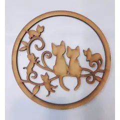 GENERICO - Familia de Gatos MDF color natural 30 cm diámetro.