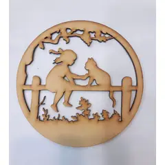 GENERICO - Niña con Gato MDF color natural 15 cm diámetro.