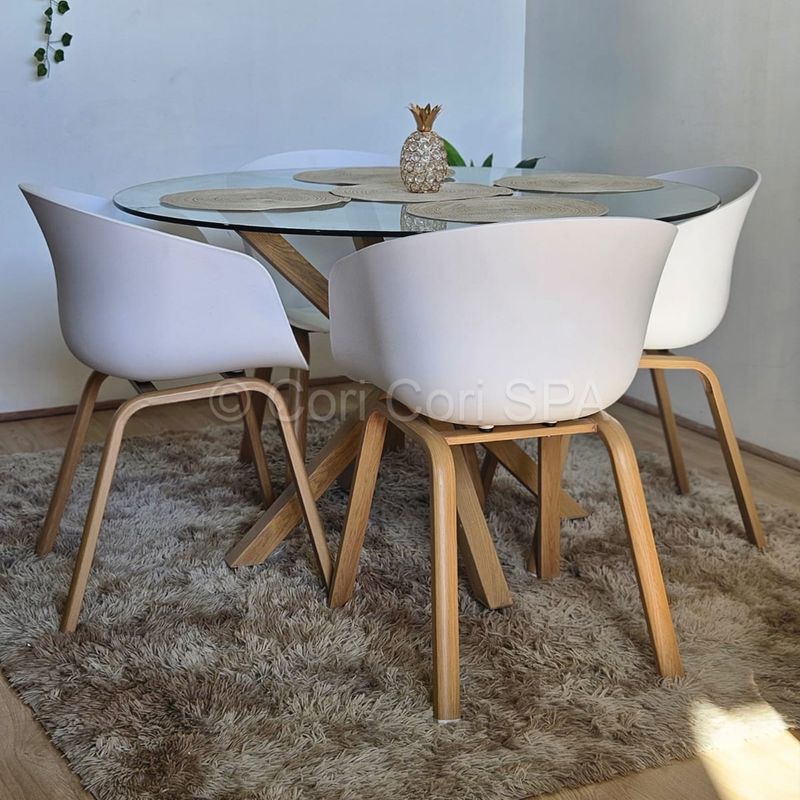 CORI CORI - Juego de Comedor Warwick Vidrio 100cm + 4 Sillas Cup Blanco