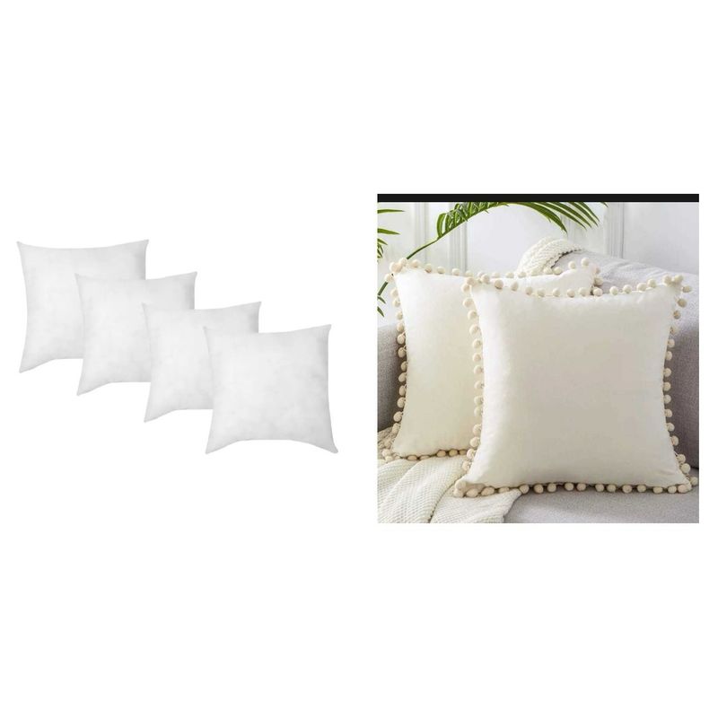 GENERICO - Pack 4 fundas pompones 45x45 + Pack 4 Cojines de 45x45