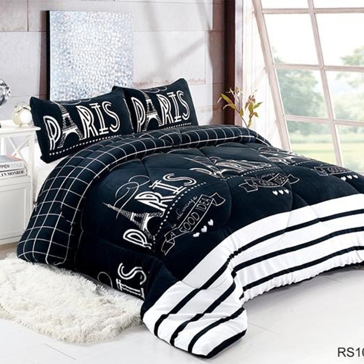 GENERICO - Cubrecama de Invierno Plush con chiporro 2 plazas paris negro