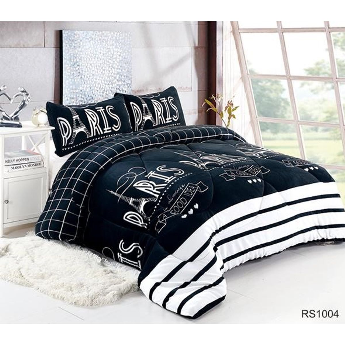 GENERICO - Cubrecama de Invierno Plush con chiporro 2 plazas paris negro