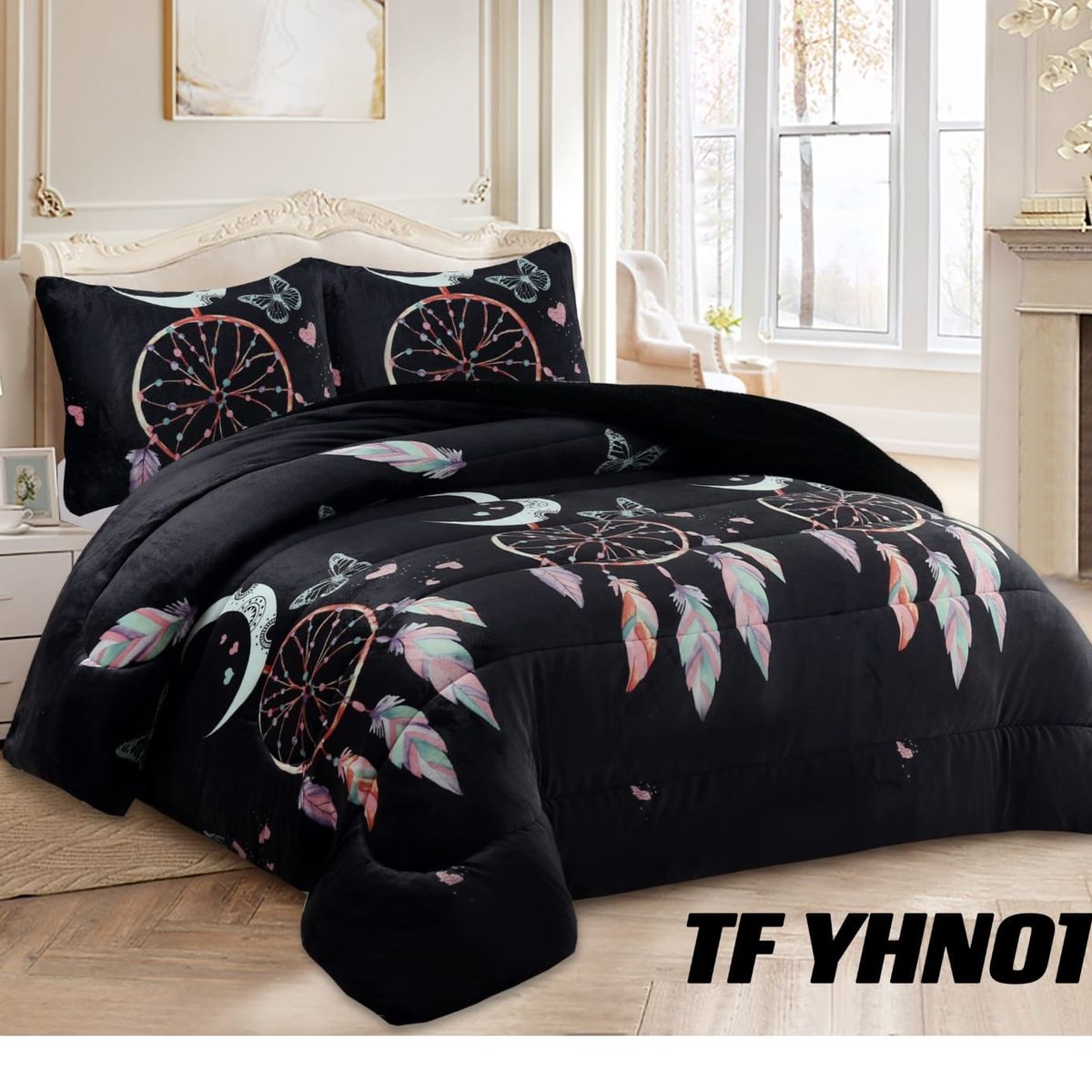 GENERICO - Cubrecama de Invierno Plush con chiporro 2 plazas negro mandala