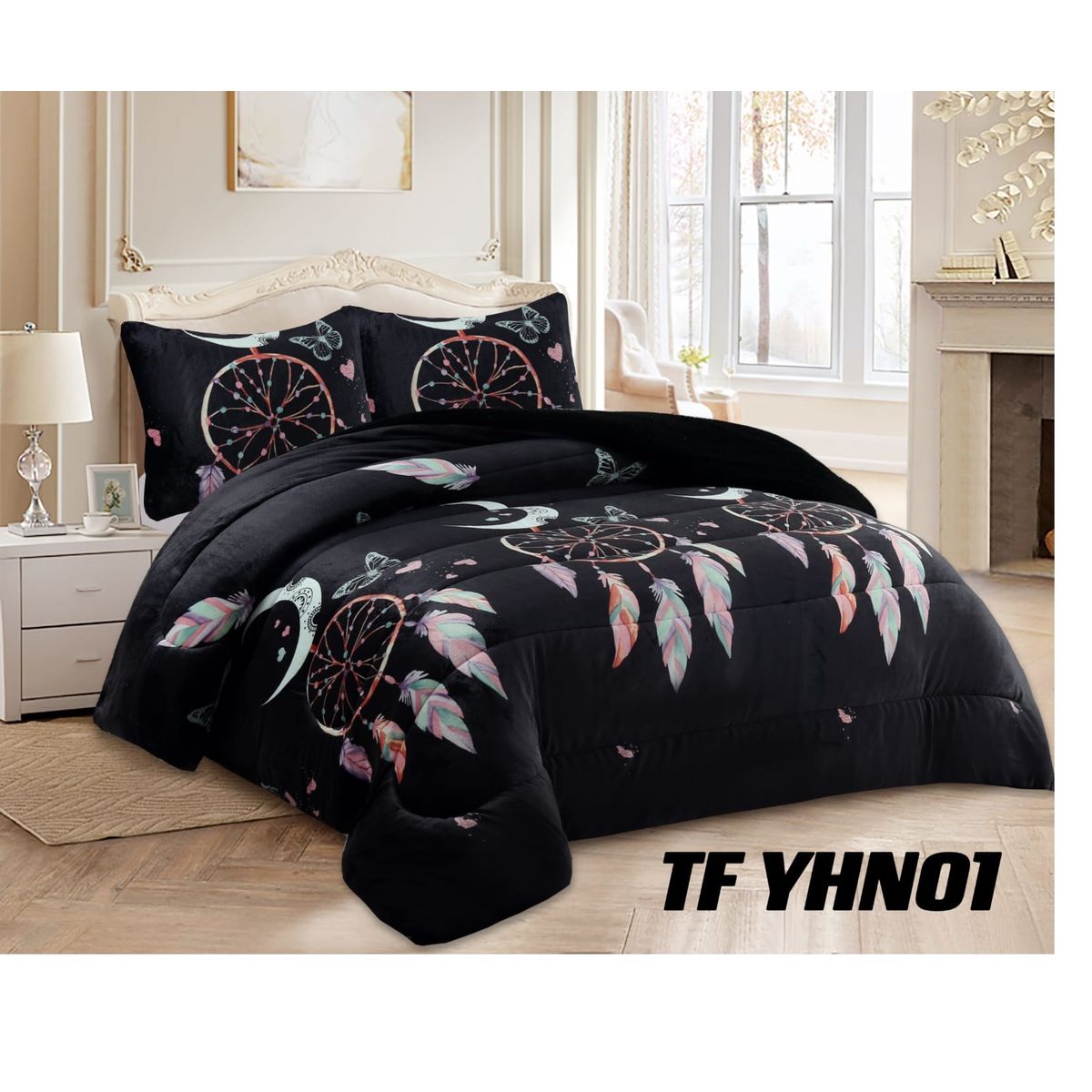 GENERICO - Cubrecama de Invierno Plush con chiporro 2 plazas negro mandala