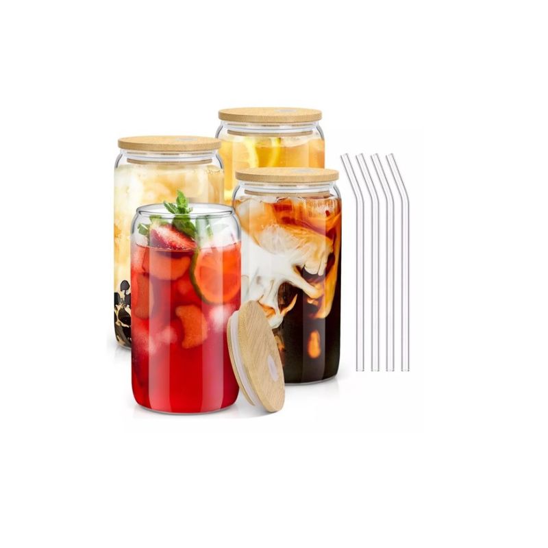 GENERICO - Pack 4 Vasos Lata De Vidrio Con Bombilla Tapa De Bambu 550ml
