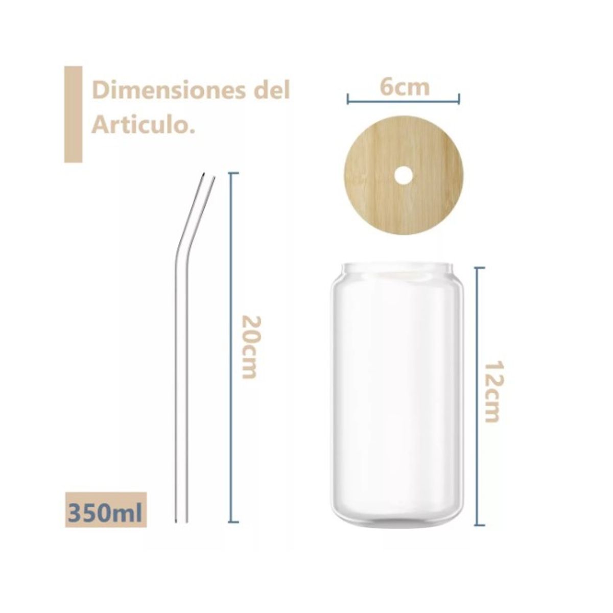 GENERICO - Vaso Lata De Vidrio Con Bombilla Tapa De Bambu 350ml Unidad