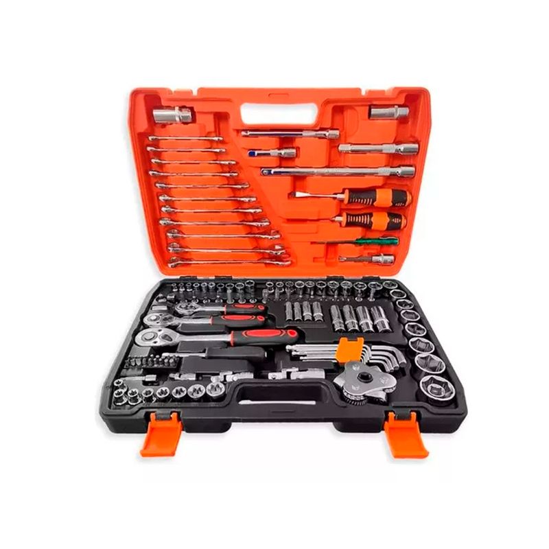 TECNOPRO - Caja Herramientas Set Kit Juego Dados Chicharra Llaves Corona 121 Piezas