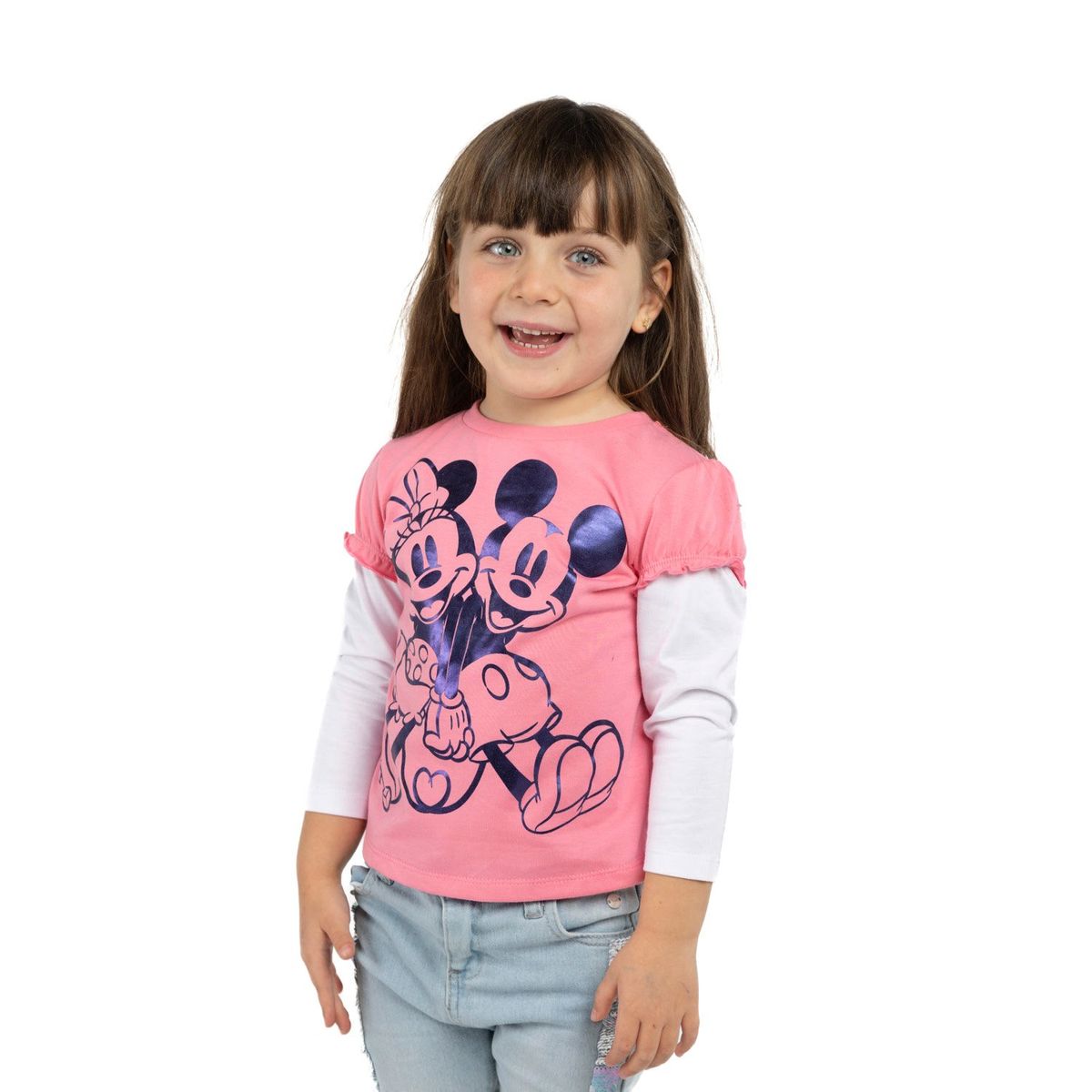 DISNEY - Polera Manga Larga Niña Minnie y Mickey Rosado Disney