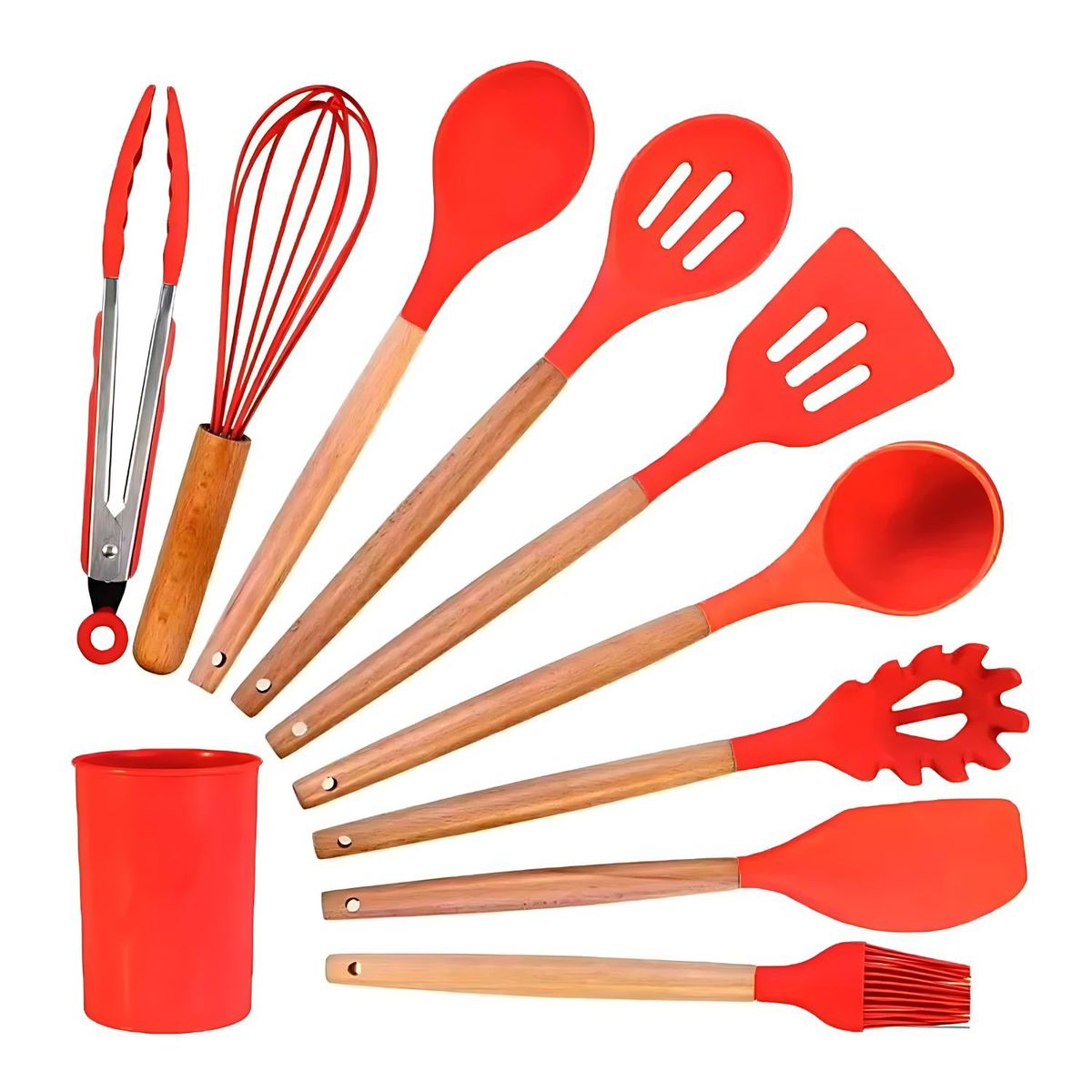 GENERICO - Set de Utensilios de Silicona y Madera para Cocina Rojo..