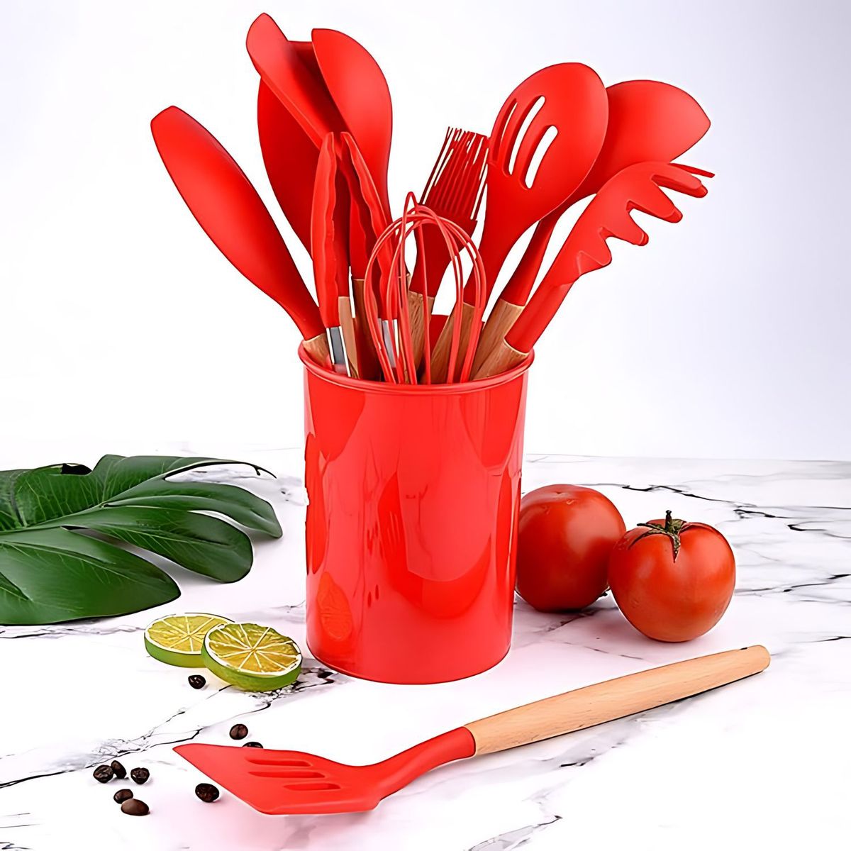 GENERICO - Set de Utensilios de Silicona y Madera para Cocina Rojo..