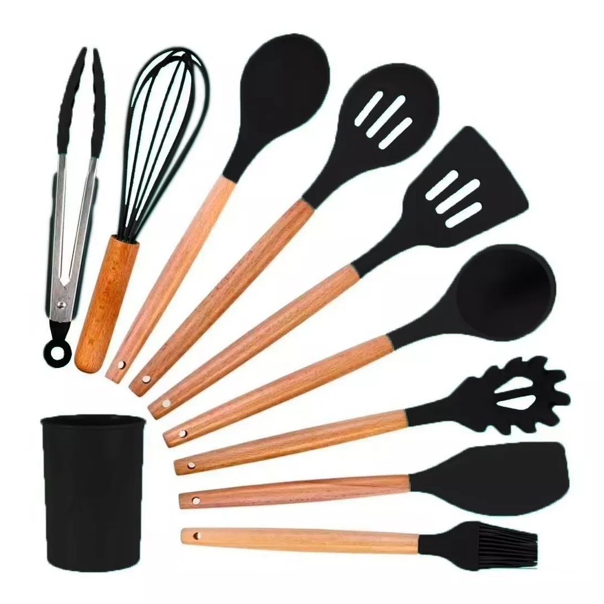GENERICO - Set de Utensilios de Silicona y Madera para Cocina Negro.