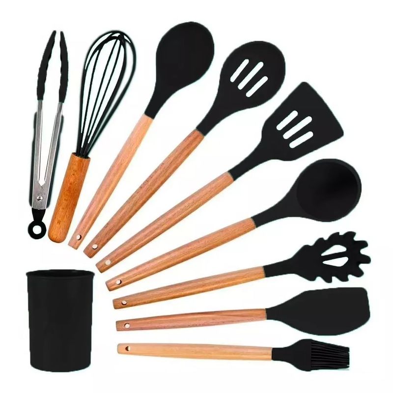 GENERICO - Set de Utensilios de Silicona y Madera para Cocina Negro