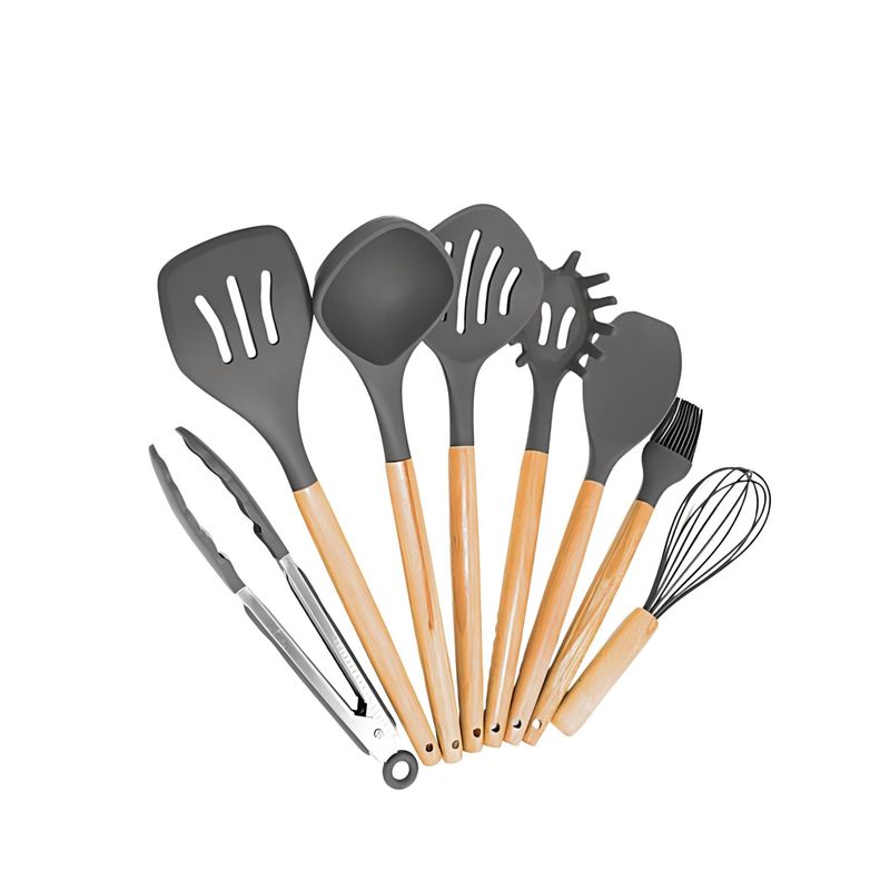 GENERICO - Set de Utensilios de Silicona y Madera para Cocina Gris