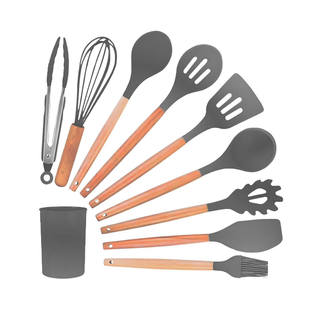 GENERICO - Set de Utensilios de Silicona y Madera para Cocina Gris.