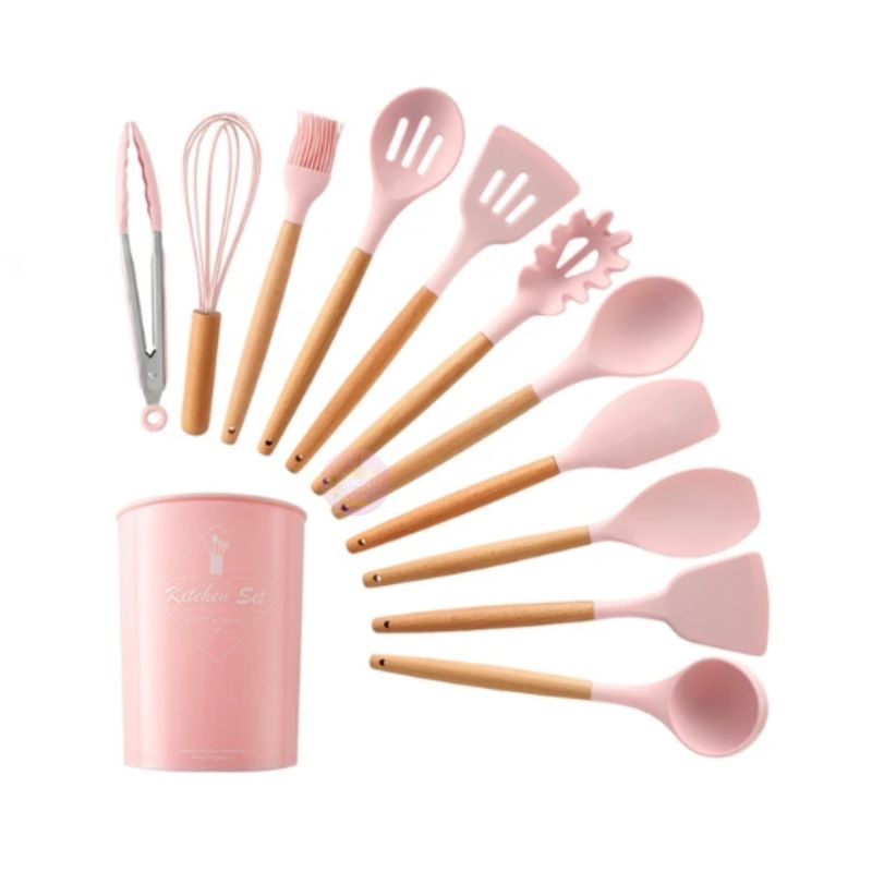 GENERICO - Utensilios de Cocina Silicona Madera Rosado 12 Piezas