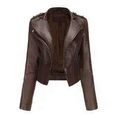 TIOZONEY - Chaqueta de PU de manga larga con tachas para mujer -Café