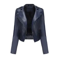 TIOZONEY - Chaqueta de PU de manga larga con tachas para mujer -Azul