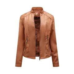 TIOZONEY - Chaqueta de PU con cuello alto para mujer - Café Claro