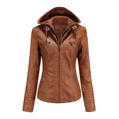 TIOZONEY - Chaqueta de PU con gorro para mujer - Café Claro