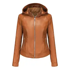 TIOZONEY - Chaqueta de PU con gorro desmontable para mujer - Amarillo
