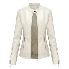 TIOZONEY - Chaqueta corta de PU para mujer- Blanco