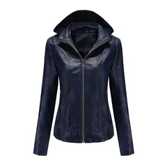 TIOZONEY - Chaqueta de PU para mujer con gorro desmontable - Azul
