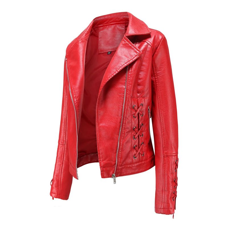 TIOZONEY - Chaqueta de PU cierre cruzado para mujer - Rojo