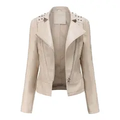 TIOZONEY - Chaqueta de PU para mujer Slim Thin - Crema