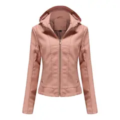TIOZONEY - Chaqueta de PU para mujer con gorro desmontable - Rosado Claro