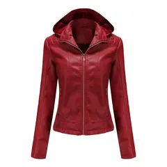 TIOZONEY - Chaqueta de PU para mujer con gorro desmontable - Rojo